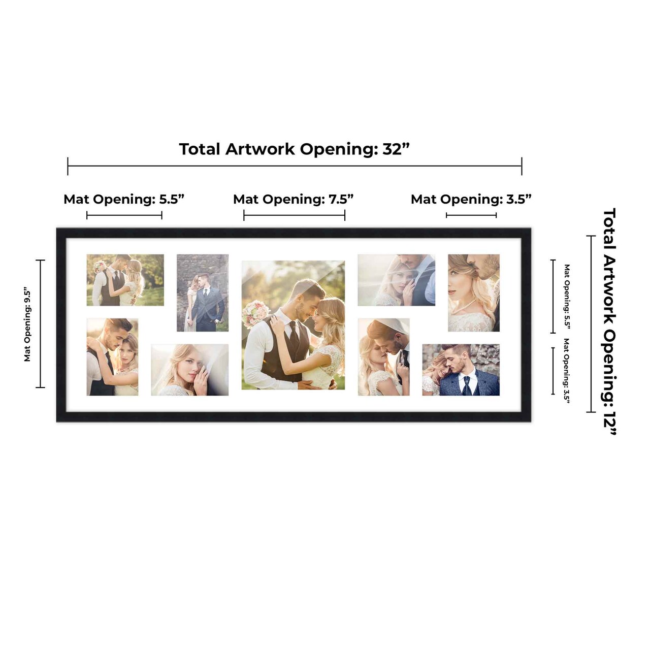 Black Finish Collage Frame - White Mat, 20 Frame Sizes to Choose From, UV Acrylic, Wall Hanging Hardware, Vertical or Horizontal Display